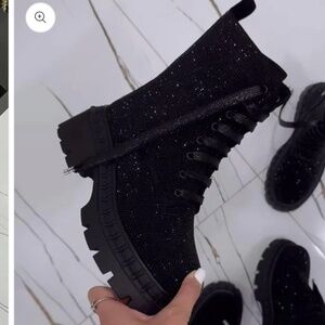 Rhinestone Thick Heel Lace-up Boots